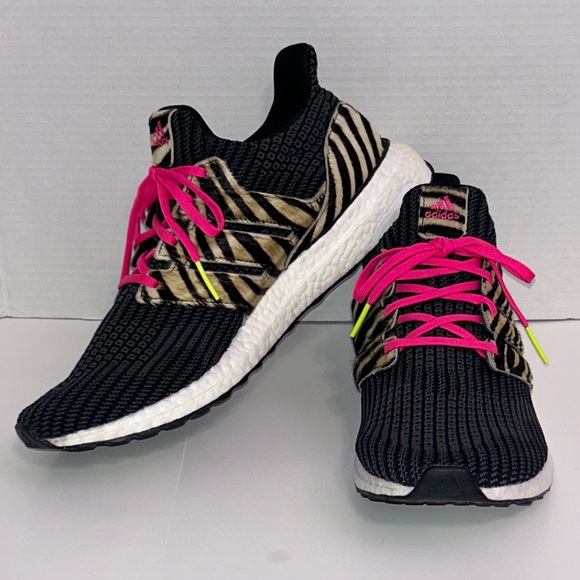 Adidas Ultra Boost Men's 12 Zebra Print Pink Laces‎ Athletic Running Shoes